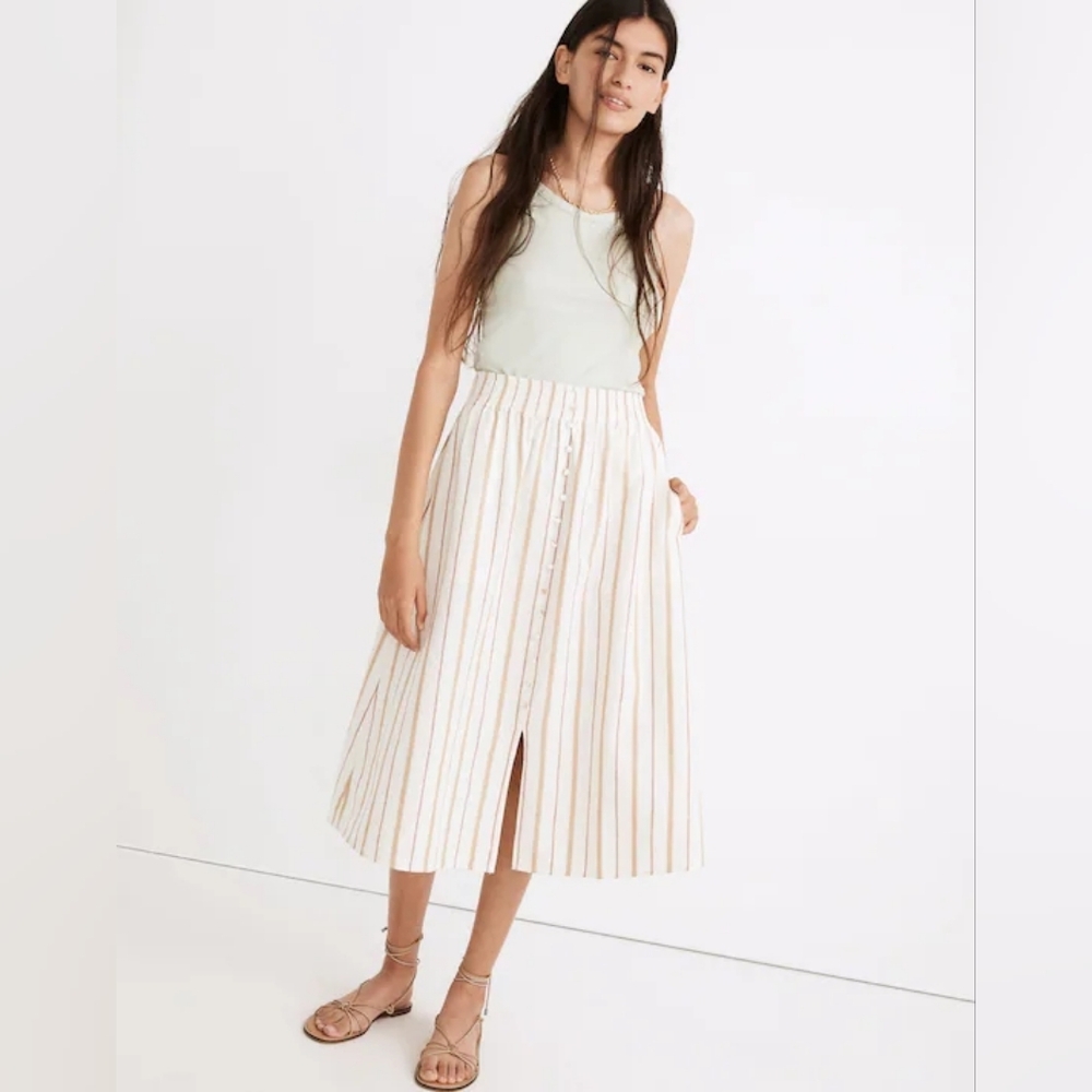 Madewell Linen-Cotton Smocked-Waist Button-Front Midi Skirt Size Medium - Picture 11 of 11